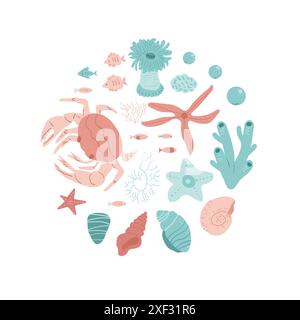Assembly of crabs, starfish, sea anemones, coral, small fish, and seashells, portrayed in pastel colors. Round badge of underwater world. Set of vecto Stock Vector