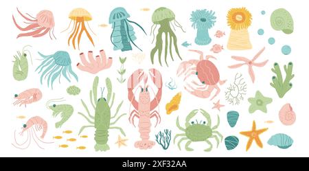 Underwater creatures set isolated on white background. Features jellyfish, crustaceans, stars, marine snails, anemones, coral, seaweed in a vibrant di Stock Vector