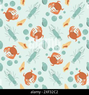 Seamless pattern with Crustaceans. Lobsters and crawfishes with shells and crabs repeat cover backdrop. Underwater sea life endless background. Vector Stock Vector