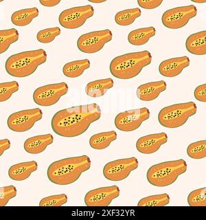 Papaya seamless pattern. Tropical ripe half slices repeat background. Vector hand drawn flat illustration. Stock Vector