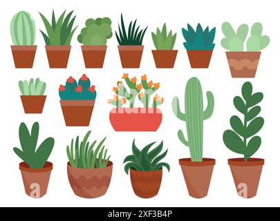 Big set of cute cartoon cactus and succulents with funny faces. Cute ...