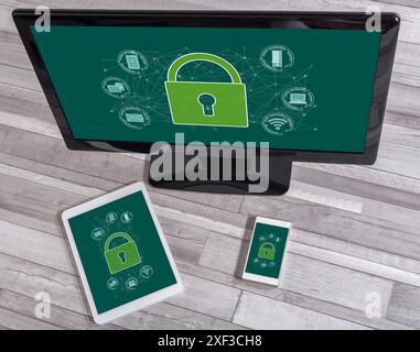 Cyber security concept shown on different information technology devices Stock Photo