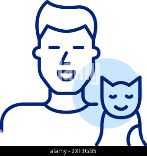 Smiling young man and cat. Happy pet owner. Pixel perfect, editable stroke icon Stock Vector