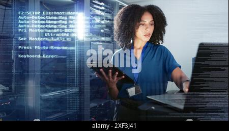 Server room, woman or overlay with laptop for coding, system update or cybersecurity. Software inspection, programer or IT engineer with tablet for Stock Photo