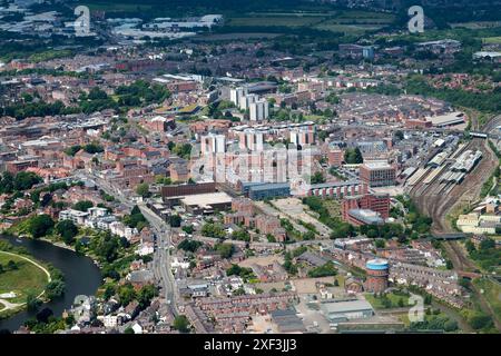 An aerial view of the City of Chester, shot from the east, looking west, the Racecourse in the distance, Cheshire, north west England, UK Stock Photo