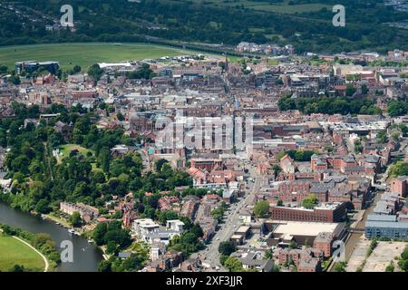 An aerial view of the City of Chester, shot from the east, looking west, the Racecourse in the distance, Cheshire, north west England, UK Stock Photo