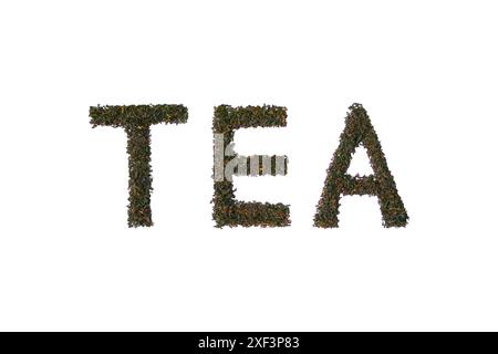 A word TEA made of tea. Headline text printed with dry tea leaves isolated on white background. Stock Photo