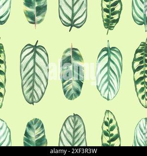 Tropical leaves seamless pattern, watercolor jungle vibrant green plants leaf Summer exotic foliage Hand drawn illustration for wallpaper, textiles Stock Photo