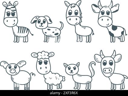 Set of animals doodle sketch style. Dog, cat, cow, bull, zebra, pig, sheep, donkey. Hand drawn ink characters, vector graphics Stock Vector