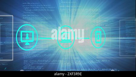 Image of network of digital icons, data processing and bright light spot against blue background Stock Photo