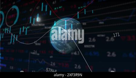 Image of globe and network of connections with icons over binary coding rotating in warehouse Stock Photo