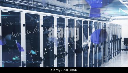 Image of data processing and mathematical equations against plexus networks over server room Stock Photo
