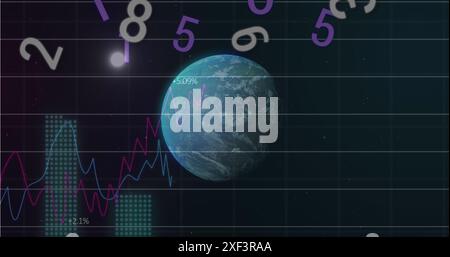 Image of changing numbers over graphs and rotating globe and moon on black background Stock Photo