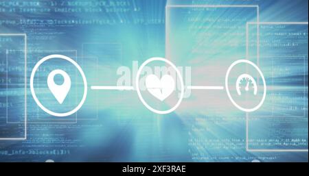 Image of network of digital icons, data processing and bright light spot against blue background Stock Photo