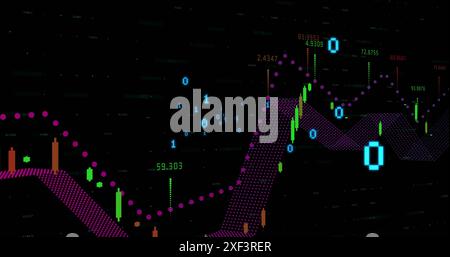 Image of financial data processing and binary coding against black background Stock Photo