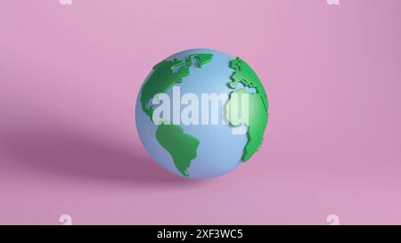 3D render of a globe depicting Earth with green continents on a blue sphere against a pink background. Ideal for themes of global awareness, environme Stock Photo