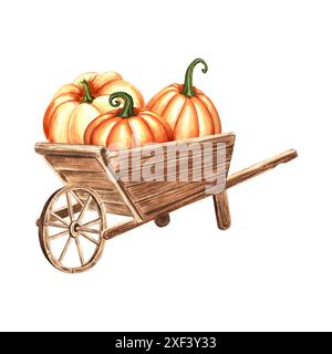 Pumpkins in wooden cart. Hand drawn watercolor illustration isolated. Thanksgiving traditional autumn vegetable. Timber barrow for farm. Template for Stock Photo