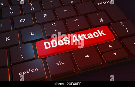 DDoS attack key on the keyboard. DDoS attack key, Distributed Denial-of-Service. Close-up computer keyboard. One key is red with the word DDoS attack. Cyber crime, computer, network security, IT security. 3D illustration keyboard048s02 dddos attack Stock Photo