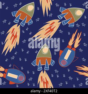 vector seamless pattern with rockets in space Stock Vector