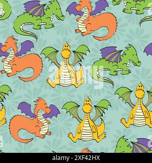Vector background with flowers and cartoon dragons. Seamless pattern can be used for wallpapers, pattern fills, web page backgrounds,surface textures Stock Vector