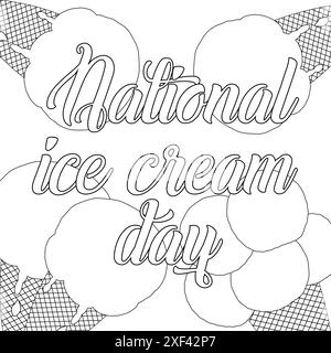 Celebrate National Ice Cream Day with this delightful coloring page featuring ice cream cones and scoops. Perfect for kids and adults alike. Stock Vector