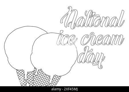 Celebrate National Ice Cream Day with this fun and festive coloring page featuring ice cream cones and whimsical text. Stock Vector