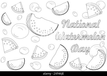 Celebrate National Watermelon Day with this fun and detailed coloring page featuring watermelon slices and festive bubbles. Perfect for all ages. Stock Vector