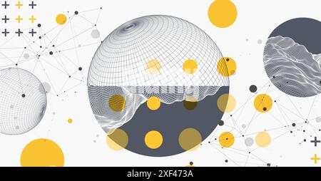 Sphere  theme with connected lines in technology style background. Wireframe illustration. Abstract 3d grid design. Hand drawn. Stock Vector