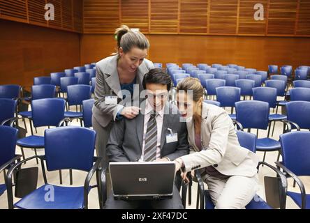 Conventioneers in lecture hall, convention center, Kursaal Center. San Sebastian, Guipuzcoa, Basque Country, Spain Stock Photo