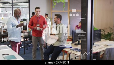 Image of icons, graphs, map and computer language over diverse coworkers talking on tea break Stock Photo