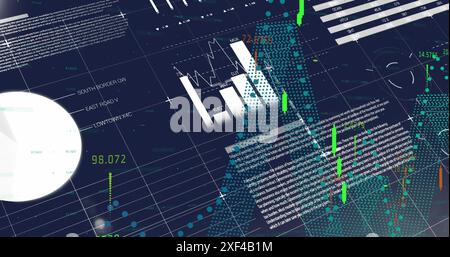 Image of financial and statistical data processing against blue background Stock Photo