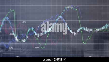 Image of financial data processing over grid network against aerial view of cityscape Stock Photo