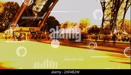 Image of radars, loading circles, bars, graphs over time-lapse of people walking at effile tower Stock Photo