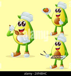 Set of cute avocado character in the kitchen. Perfect for kids, merchandise and sticker, banner promotion or blog Stock Vector