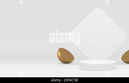 3d white showroom podium with golden hemisphere for show realistic vector illustration. Luxury elegant rendering banner cylinder pedestal with rhombus Stock Vector
