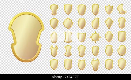 Set of realistic golden heraldic shields. Glass and glossy shield collection. Vector illustration. Transparent background. Stock Vector