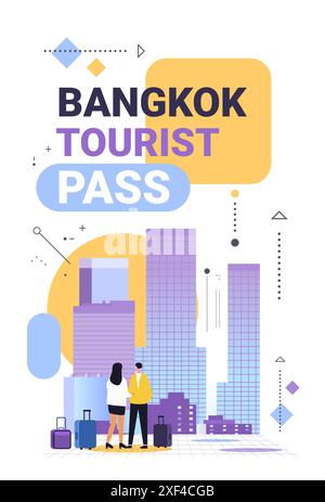 Bangkok cityscape with tourists and luggage modern geometric design skyscrapers pastel colors travel concept Stock Vector