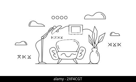 Home workplace. House sofa. Coloring book. Freelancer organization concept. Home workflow improvement. Abstract vector business outline concept. Benef Stock Vector
