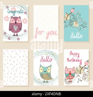 Kids cards with cute cartoon owl. Vector owl character on card birthday ...