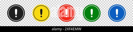 Set of round circle black, yellow, red, green and blue road signs with exclamation point. Caution sign. Vector icons for warning about the situation o Stock Vector