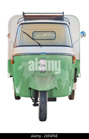 Front view of a vintage Italian three wheeled scooter van isolated on a white background Stock Photo