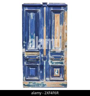 Old weathered blue double house door isolated on a white background Stock Photo