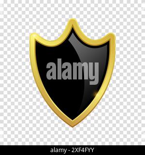Black shield with glossy bright golden frame. Vector clipart illustration. Transparent background. VIP luxury logo design element. Stock Vector