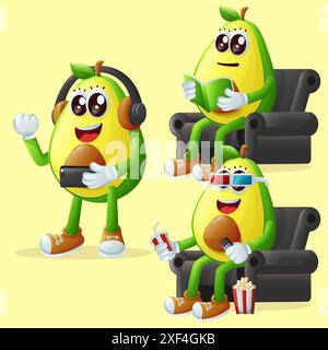 Set of cute avocado characters enjoying leisure activities. Perfect for kids, merchandise and sticker, banner promotion or blog Stock Vector