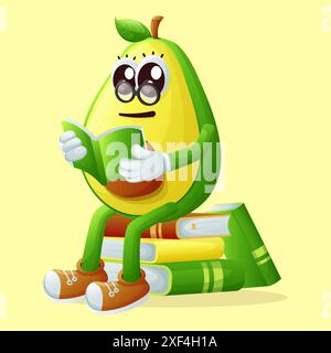 Cute avocado character wearing glasses and reading a book. Perfect for kids, merchandise and sticker, banner promotion or blog Stock Vector