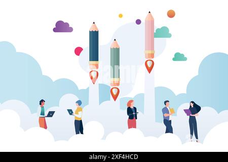 People with pencil rockets launching. Education concept. Vector illustration Stock Vector