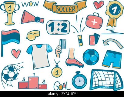Hand drawn colored set of football elements. Sports equipment, clothes, awards and other items, doodle sketch style, vector graphics Stock Vector