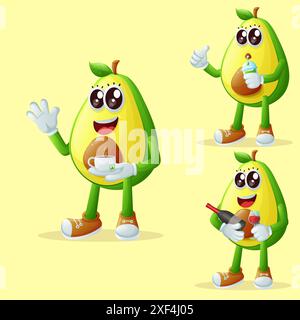 Set of cute avocado characters enjoying beverages. Perfect for kids, merchandise and sticker, banner promotion or blog Stock Vector