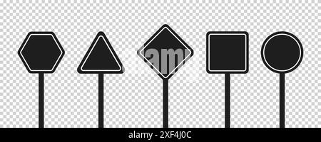 Set of round, square, rhombic, triangular and hexagonal black road signs. Vector illustration of icons for warning about the situation on the road. Tr Stock Vector