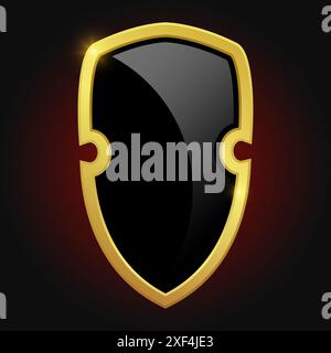 Black shield with glossy bright golden frame isolated on red background. Luxury logo design element. Vector illustration. Stock Vector